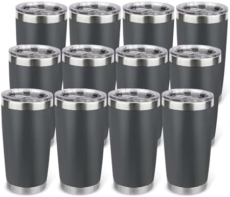 20oz Stainless Steel Tumbler Bulk with Lid, Travel Mug - Double Wall Vacuum Powder Coated Cup - Grey, 12 Pack by Unknown