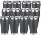 20oz Stainless Steel Tumbler Bulk with Lid, Travel Mug - Double Wall Vacuum Powder Coated Cup - Grey, 12 Pack by Unknown