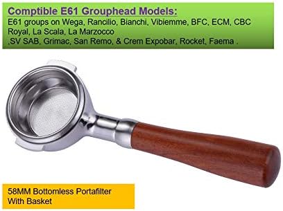 58mm Bottomless Portafilter Fits E61 Grouphead Espresso Machine Stainless Steel Naked Portafilter Along with Espresso Filter Basket Coffee Bottomless Handle-Wooden - Image 6