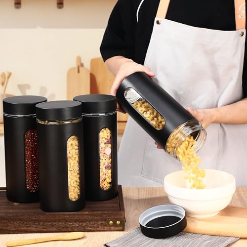 Mimorou 3 Pcs Stainless Steel Canister Set with Glass Windows Visible Storage Jars Silver Kitchen Canister Set for Pasta Flour Oat Sugar Container, Kitchen Tools, Housewarming Gifts(Black,44 oz) - Image 4