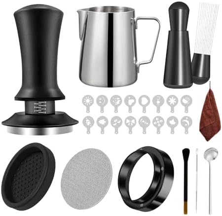 26 PCS Espresso Accessories Kit, Espresso Tamper Kit Coffee Tamper Set, 51mm Espresso Tamper with Spring Loaded Calibrated, Espresso Puck Screen and Dosing Funnel with 16 PcsLatte Art Kit by Unknown