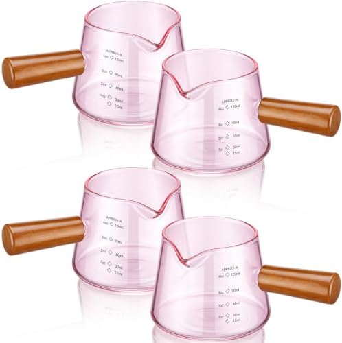 Willinglong 4 Pack Pink Glass Espresso Measuring Milk Cups 4 oz Glass Single Spouts Cup with Glasses Handle V-shaped Spout Espresso Shot Cup for Machine Demitasse Cups, Dishwasher Safe by Willinglong