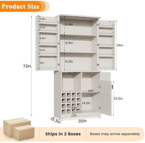 kepptory 72" Tall Wine Bar Cabinet with LED Light, Farmhouse Kitchen Pantry Storage Cabinet with 16 Wine Racks & Glass Holders, Liquor Cabinet for Dining Room Living Room, White - Image 2