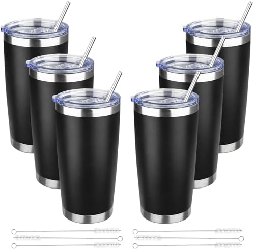 20 oz Tumbler with Lids and Straws, Stainless Steel Insulated Travel Coffee Mug, Double Wall Vacuum Insulated Tumblers, Powder Coated Coffee Tumbler for Cold & Hot Drinks (Black,6pack) by YEBTSLife