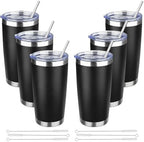 20 oz Tumbler with Lids and Straws, Stainless Steel Insulated Travel Coffee Mug, Double Wall Vacuum Insulated Tumblers, Powder Coated Coffee Tumbler for Cold & Hot Drinks (Black,6pack) by YEBTSLife