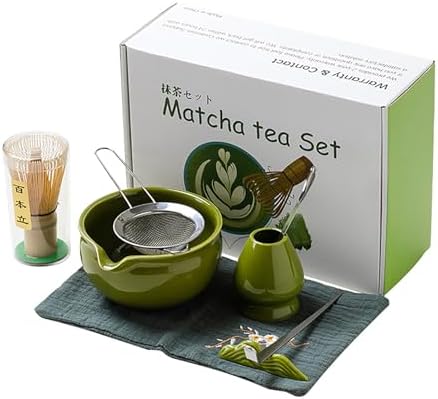 Matcha Tea Set, 8 Pieces with Bamboo Whisk, Dark Green Ceramic Bowl, Strainer, Matcha Brush, Tea Tools by POWLAB