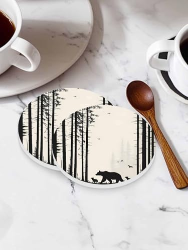 Coasters for Drinks Set of 8 Abstract Forest Walking Bear Family Natural Silhouette Ceramic Cup Mat, Absorbent Ceramic Stone Coasters with Cork Base for Coffee Cups Wooden Table Home Decor 4 Inch - Image 3