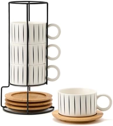 LUKA 6 Ounce Porcelain Stackable Espresso Cups with Saucers and Metal Stand Set of 4, Ceramic Cappuccino Cups Set for Specialty Coffee Drinks, Latte, Cafe Mocha and Tea, Stripes, White by LUKA