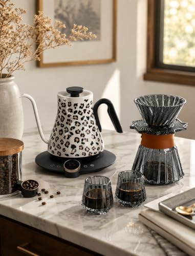 Cocinare Oat Leopard Gooseneck Electric Kettle & Pour Over Coffee Set, ±0.5°F Temperature Control, 1500W 0.9L Kettle, Coffee Dripper, 550 ml / 18.6 oz Server & 2 Tasting Cups - Image 2