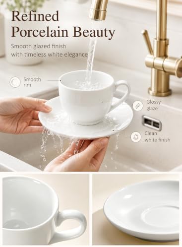 Porcelain Coffee Cups Set with Saucer, 6 Ounce White Porcelain Cup and Saucer Set for Cappuccino, Coffee Latte, Coffee drinks and Tea, Set of 6 - Image 4