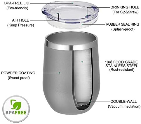 VEGOND Wine Tumblers Bulk 6 Pack, 12oz Stainless Steel Stemless Wine Glass with Lids and Straws, Double Wall Vacuum Insulated Tumbler Cup, Coffee Mug for Cold Hot Drinks - Image 3