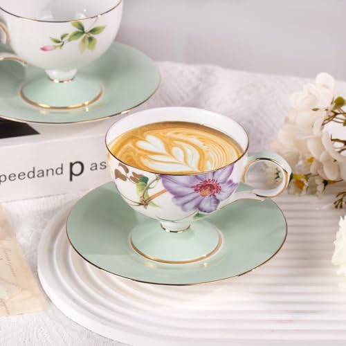 KAMMAK Tea Cups Set of 2,Ceramic Floral Pattern Demitasse Cup - Image 3