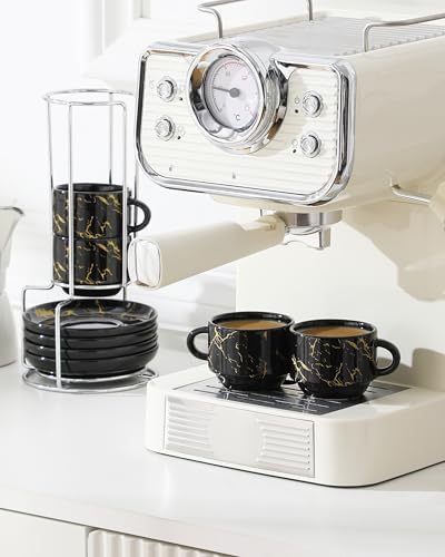 MALACASA 2.5 OZ Porcelain Espresso Cups with Saucers and Metal Stand Set of 4, Stackable Cappuccino Cups, Marble Black Expresso Shots Cup Set for Coffee Drinks, Latte, Tea - Image 6