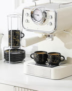 MALACASA 2.5 OZ Porcelain Espresso Cups with Saucers and Metal Stand Set of 4, Stackable Cappuccino Cups, Marble Black Expresso Shots Cup Set for Coffee Drinks, Latte, Tea - Image 6