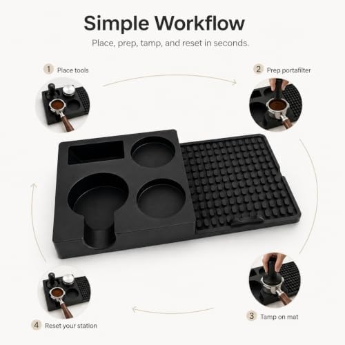 Espresso Tamping Station Mat with Tool Organizer, Silicone Coffee Tamper Mat with 70mm Portafilter Rest, Dual 60mm Holders, Drainage Outlet, Black, 12.4 x 6.2 in - Image 7