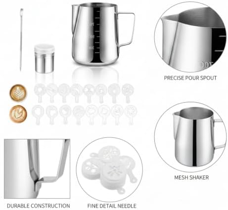 Milk Frothing Pitcher Set with Latte Art Molds, Needle, and Powder Shaker for Home Espresso - Image 6