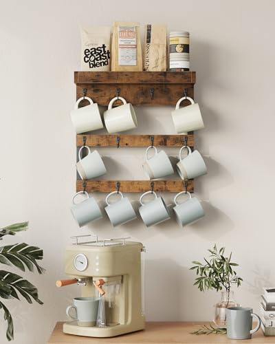 OROPY Coffee Mug Rack Wall Mounted, Rustic Wood Cups Rack, 12 Hooks & Shelf - Image 2
