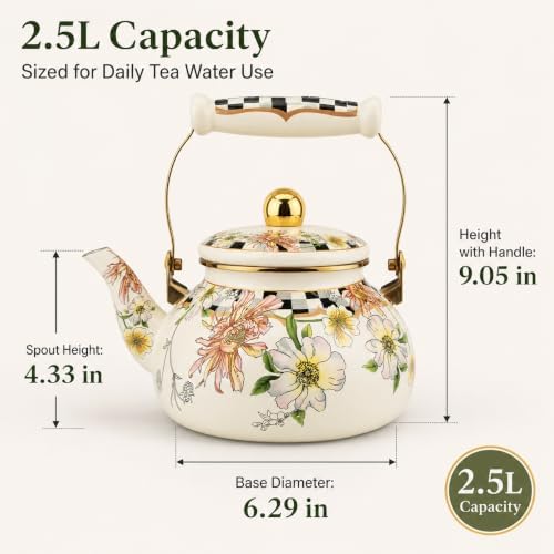 2.5L Floral Enamel Tea Kettle for Stovetop, No Whistling - Image 2
