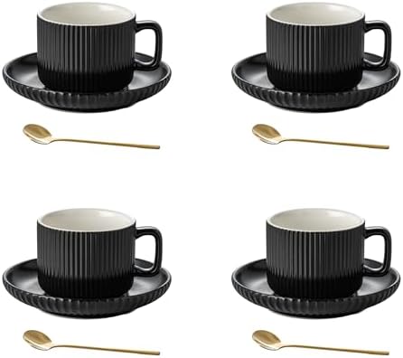 5 Ounce Espresso Cups Set of 4, Small Coffee Cups with Saucers and Spoons, Black Ceramic Demitasse Espresso Mugs by AYUCIAPremiumCeramic