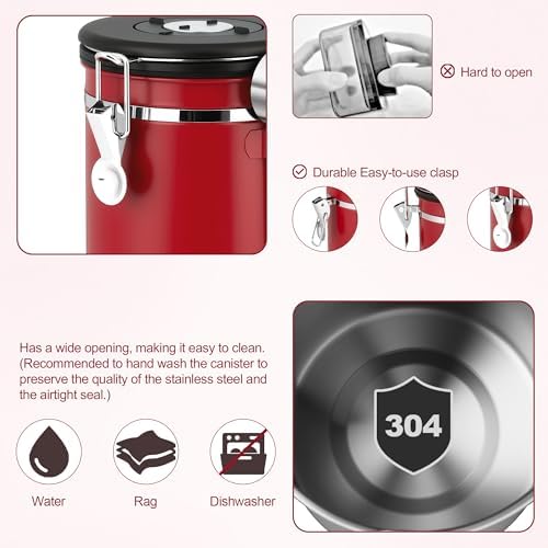 ShanSon Coffee Canister Airtight, Stainless Steel Bean Storage Container with Date Tracker & Scoop, Grounds Sugar Flour Tea Cereal Fits Kitchen Pantry, Ideal Gift for Coffee Lovers,12oz,Red - Image 6