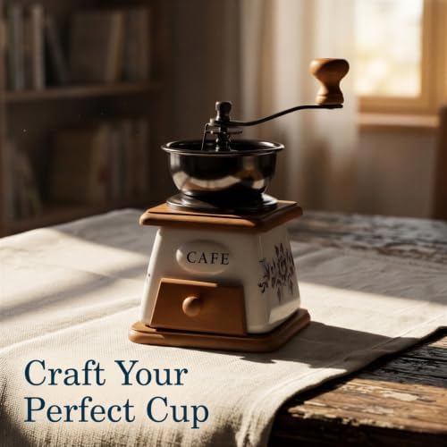Manual Vintage Ceramic Burr Coffee Grinder with Wooden Base and Drawer, Stainless Steel Bowl, Floral Cafe Pattern, Hand Crank Mini Coffee Grinder for Home Kitchen, Travel, Office - Image 4