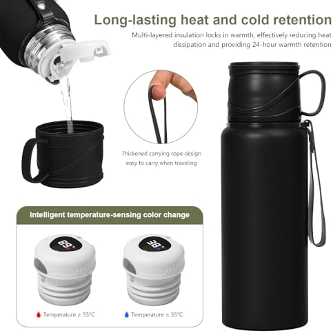 Double wall vacuum Leakproof stainless steel wide mouth insulated water bottle tea tumbler with cup,lid;smart thermoses hot coffee,thermal flask ice drinks with led digital temperature display - Image 4