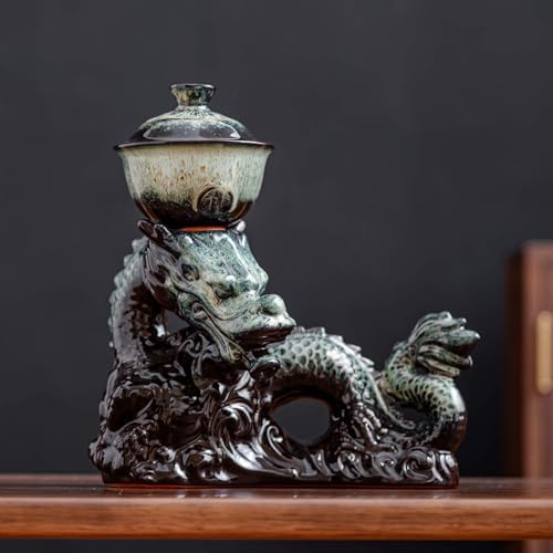 Ceramic Teapot with Infuser Semi Automatic Tea Set Magic Teapot with 8 cups Gradient Color (Gradient Dragon- C) - Image 3