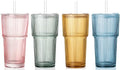 4PCS Colored Ribbed Glass Cups with Lids and Straws, 20oz Vintage Drinking Glasses, Aesthetic Iced Coffee Cups, Glass Tumbler for Boba, Beer, Tea, Cocktails, Ribbed Glassware Set,Colored by SIPBYSOP