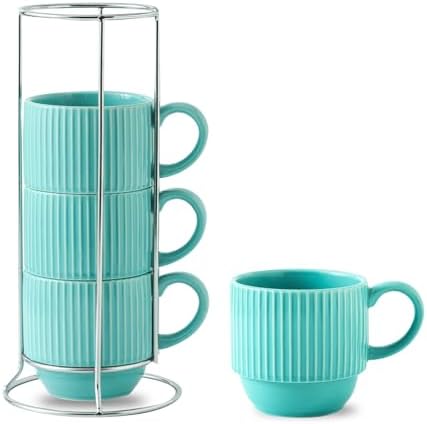Hasense Coffee Mug 12 oz Set of 4 with Rack - Stackable Coffee Cups Ceramic, Modern Ribbed Latte Cup Sets for Cappuccino, Tea, Espresso, Hot Cocoa, Drinks - Dishwasher & Microwave Safe, Turquoise by Hasense