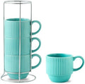 Hasense Coffee Mug 12 oz Set of 4 with Rack - Stackable Coffee Cups Ceramic, Modern Ribbed Latte Cup Sets for Cappuccino, Tea, Espresso, Hot Cocoa, Drinks - Dishwasher & Microwave Safe, Turquoise by Hasense