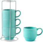 Hasense Coffee Mug 12 oz Set of 4 with Rack - Stackable Coffee Cups Ceramic, Modern Ribbed Latte Cup Sets for Cappuccino, Tea, Espresso, Hot Cocoa, Drinks - Dishwasher & Microwave Safe, Turquoise by Hasense