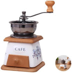 Manual Vintage Ceramic Burr Coffee Grinder with Wooden Base and Drawer, Mini Coffee Grinder with Stainless Steel Bowl and Floral Cafe Pattern, Hand Crank for Home Kitchen, Travel, Office - Image 4