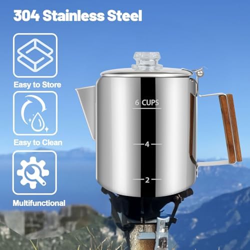 6 Cup Percolator 304 Stainless Steel Coffee Pot Coffee Maker Coffee Machine with Solid Wood Handle Transparent Knob Stovetop Greca Mocha for Induction Home and Camping 1000ml 33.8oz - Image 4