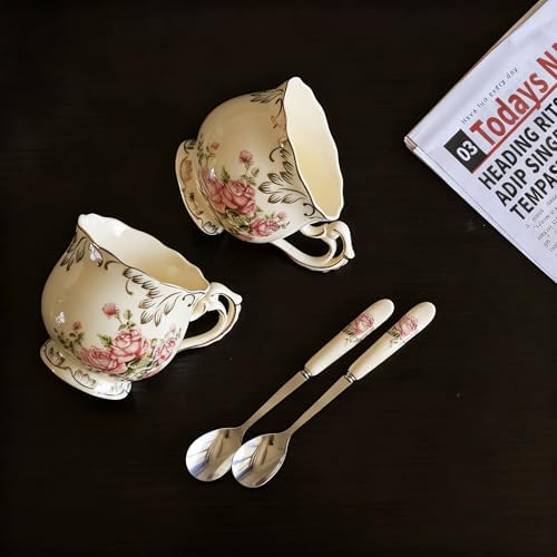 Ceramic Cup Set of 6 with 6 Spoons and a Tray, 350ml Capacity, Cup Set with Stand for Tea Party or Wedding, White Rose - Image 6