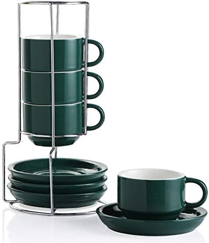 Sweejar Porcelain Espresso Cups with Saucers, 4 Ounce Stackable Cappuccino Cups with Metal Stand for Coffee Drinks, Latte, Tea - Set of 4 (Jade) by Sweejarco1949