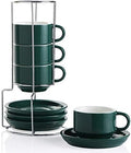 Sweejar Porcelain Espresso Cups with Saucers, 4 Ounce Stackable Cappuccino Cups with Metal Stand for Coffee Drinks, Latte, Tea - Set of 4 (Jade) by Sweejarco1949