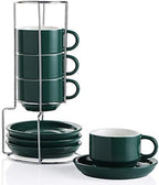Sweejar Porcelain Espresso Cups with Saucers, 4 Ounce Stackable Cappuccino Cups with Metal Stand for Coffee Drinks, Latte, Tea - Set of 4 (Jade) by Sweejarco1949