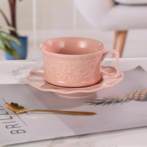 Tea Cups and Saucers Set of 2, 7oz Stackable Porcelain Coffee Cup, YFH1+2 - Image 6