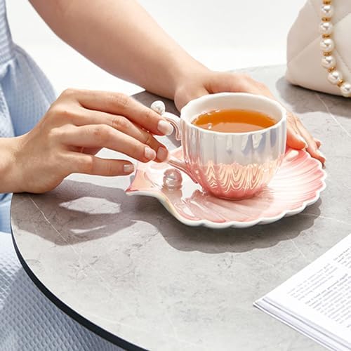 Pearl Shell Cup and Saucer - 8oz Gradient Ceramic Coffee Mug, Vintage Tea, Cappuccino, Latte Art for Birthday Gift (Gradient Pink) - Image 3