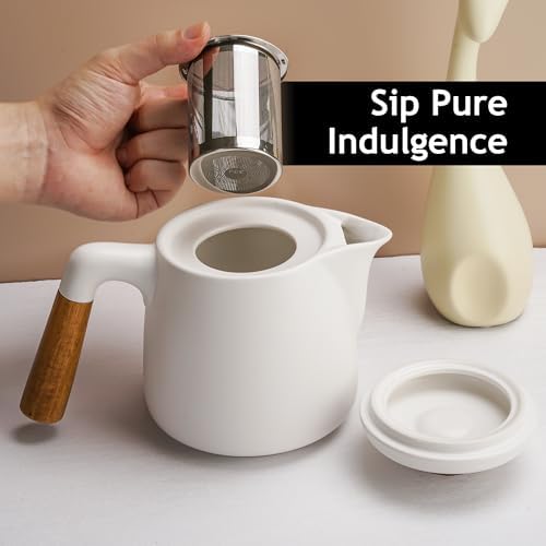 MIAMIO – 34 Oz Ceramic Tea Pot Set with Infuser and Cups/Tea Strainer, 4 Ceramic Tea Mugs (10 Oz), Bamboo Saucers/Handle for Home and Office (White) - Image 5