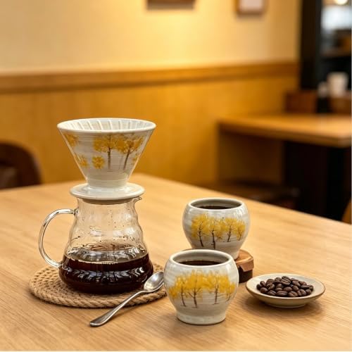 Pour Over Coffee Maker Set, Hand Painted Autumn Tree Ceramic Dripper with 2 Vintage 8.5oz Coffee Cups, Drip Coffee Brewer Dripper Set, Gift for Coffee Lover (Autumn Tree) - Image 4