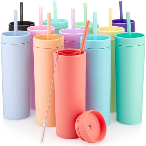 STRATA CUPS Multicolor Skinny Tumblers with Lids and Straws (12 pack) - 16oz Double Wall Acrylic Tumbler, Tall Matte Skinny Tumblers, Bulk with Free Straw Cleaner, Reusable Cups by STRATACUPS