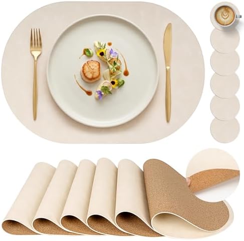 Premium Oval Faux Leather Placemat & Coaster Set with Innovative Cork-Look Printed Base，4/6/8-Piece Sets & 8 Colors，Non-Slip Dining Table Mats for Kitchen Dining by Promattoo