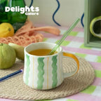 Striped Ceramic Coffee Mug Set of 2 (16oz) - Handmade Look Tea Cups with Yellow/Green Handles, Microwave Safe, Durable Daily Drinkware - Image 5