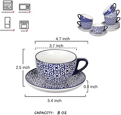 Selamica Ceramic 8 oz Cappuccino Cup Set with Saucers, Espresso Coffee Cups, Latte Macchiato for Party Cafe Home, Set of 6, Vintage Blue - Image 2