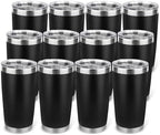 20oz Stainless Steel Tumbler Bulk with Lid, Travel Mug - Double Wall Vacuum Powder Coated Cup - Black, 12 Pack by Unknown
