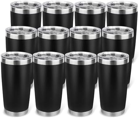 20oz Stainless Steel Tumbler Bulk with Lid, Travel Mug - Double Wall Vacuum Powder Coated Cup - Black, 12 Pack by Unknown