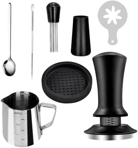 7 Pcs 51 mm Espresso Accessories Kit, Calibrated Spring Loaded Coffee Tamper, Multi Needle Stainless WDT Tool, Milk Frothing Pitcher, Latte Art Stencils, Barista Tool Set by Unknown