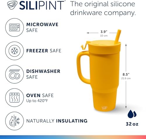 Silipint 32oz Silicone Humbler Tumbler with Handle, Flip Lid and Straw – BPA-Free, Non-Toxic, Unbreakable, Microwave, Dishwasher Safe – Perfect for Tea, Cold Water, Classic Yellow - Pack of 2 - Image 3