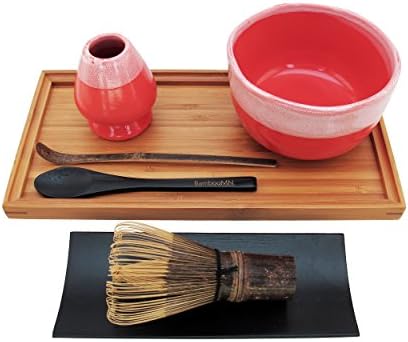 BambooMN Brand - Matcha Bowl Set (Includes Bowl, Rest, Black Tea Whisk, Black Chasaku, Black Tea Spoon, Rest Tray & Tray) - Coral by BambooMN
